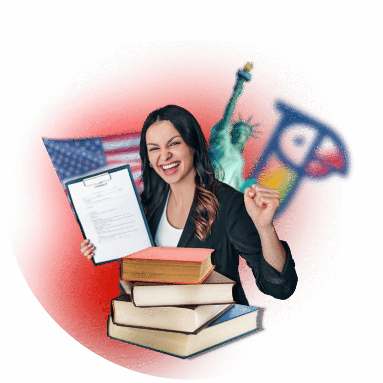 Woman holding English materials in front of the Statue of Liberty.